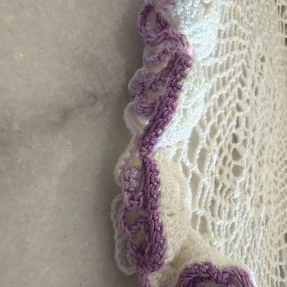 vintage hand crocheted doily White With Lilac Trim GWB000